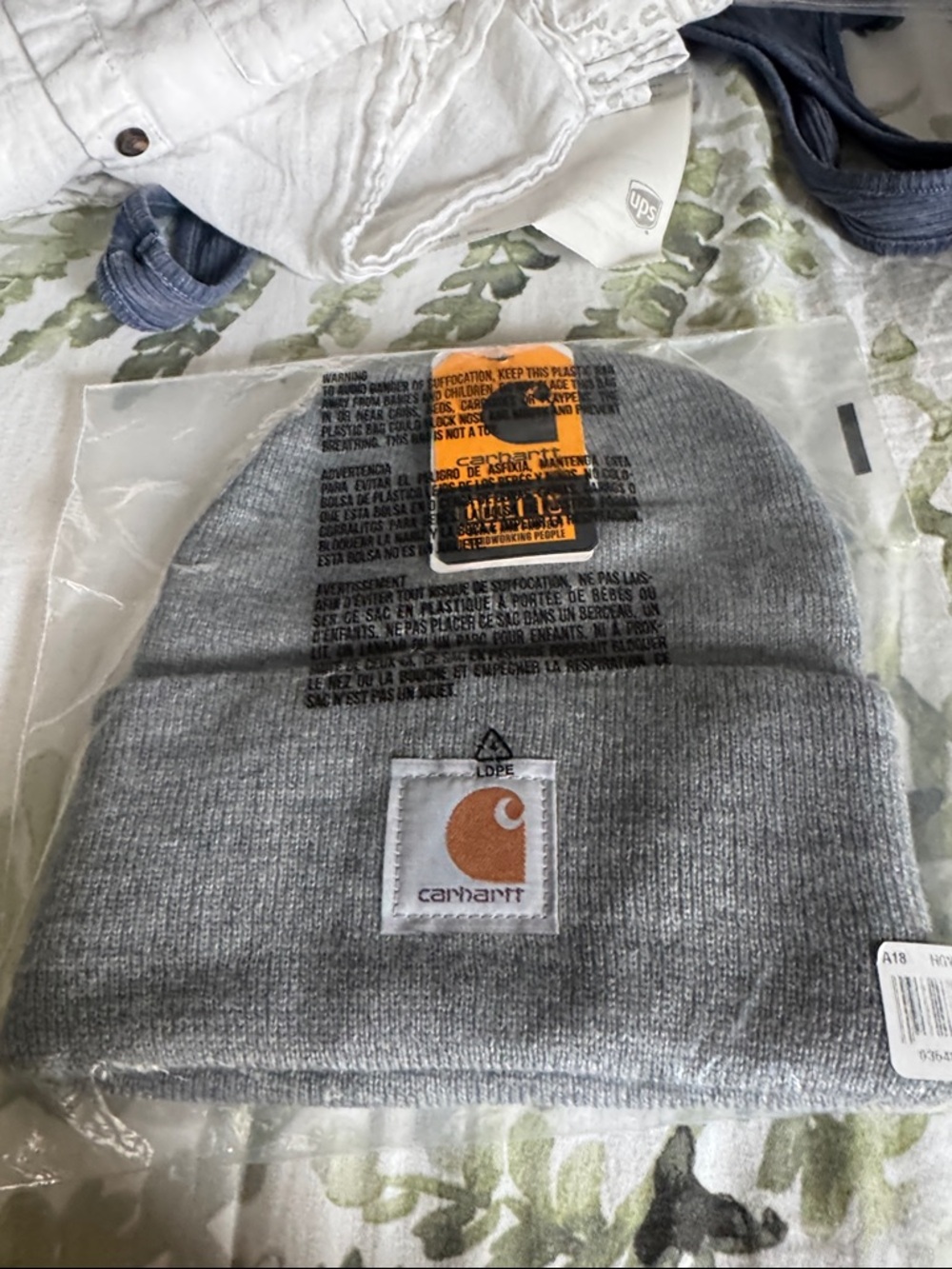 New Carhartt Gray Knit Beanie with Orange Logo Patch